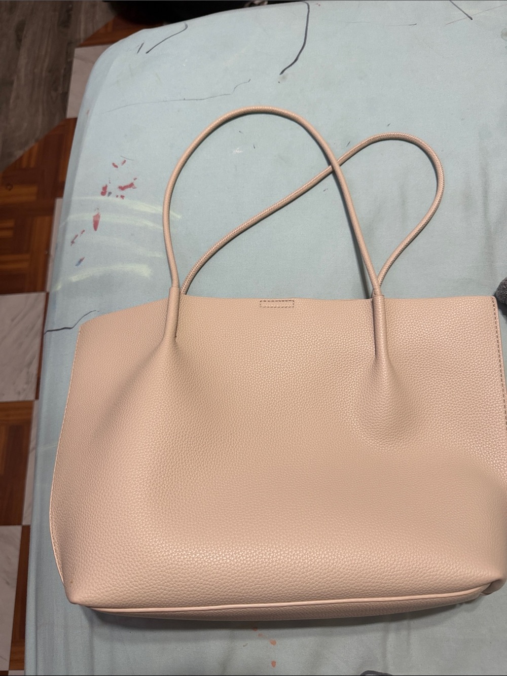 Minimalist Pebbled Leather Tote Bag in Light Beige